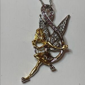 Disney’s Tinkerbelle Gold and Silver Tone Fairy Pendant Necklace Rhinestones